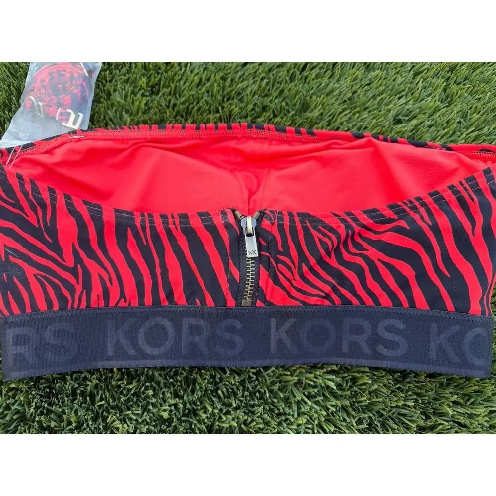 Michael Kors Swim Top Zebra Logo Zip Back Bandeau Removable Soft Cups Ruby Small